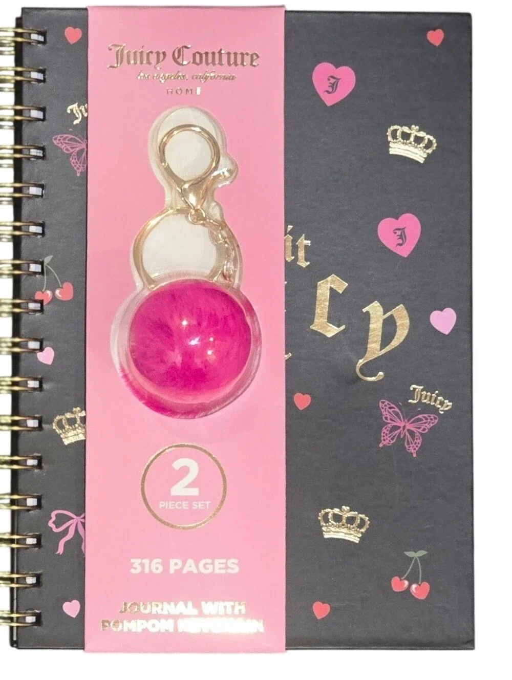 Juicy Couture Home Keep It Juicy Logo Spiral Journal &PomPom Keychain